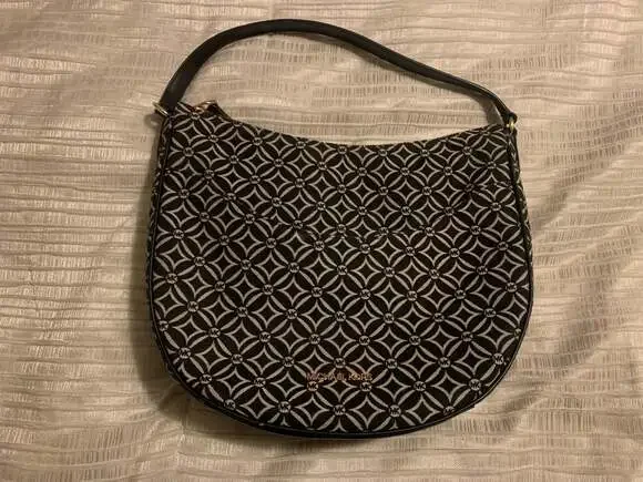 Michael Kors Dover Large Half Moon Shoulder Bag in Signature Jacquard Black/Wht