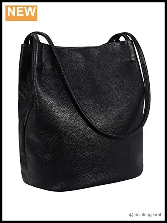 Genuine Leather Bucket Tote Hobo Shoulder Handbag with Zip Pockets