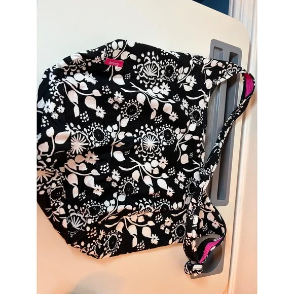 Thirty-One Hobo Bag Womens Medium Black White Floral Canvas Shoulder Tote