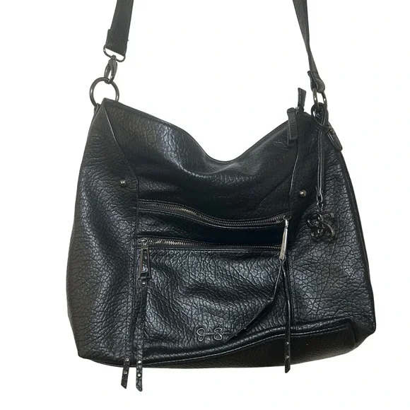Jessica Simpson Black Pebbled Faux Leather Hobo Bag Gunmetal Tassel Crossbody