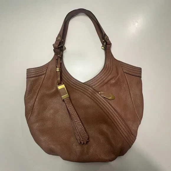 Taupe Pebbled Slouchy Leather Hobo Bag Gold Diagonal Zip Hardware Tassel Large