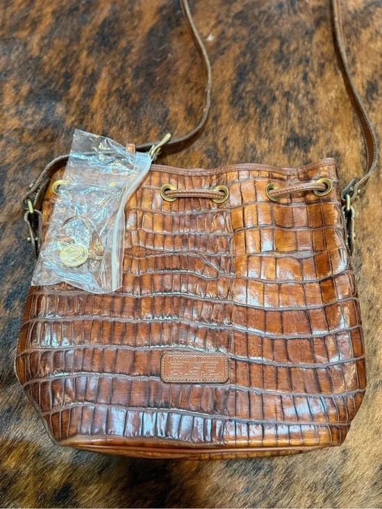 Vintage Dooney & Bourke Croc Embossed Brown Leather Drawstring Bucket Bag USA