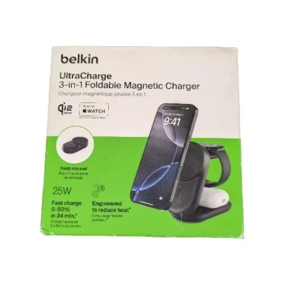 P6O Belkin 3-in-1 Foldable‎ Magnetic Charging Stand 25W Qi2 MagSafe iPhone Black