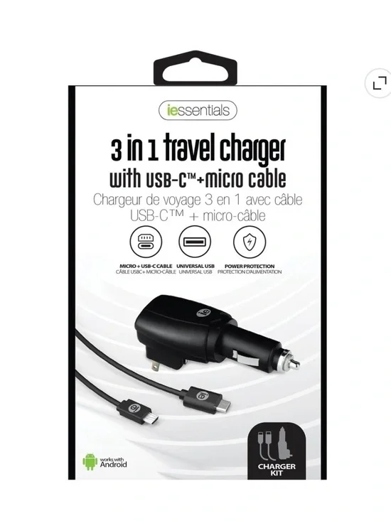 Essentials Black 3-in-1 Travel Charger with USB-C and Micro-USB Cables