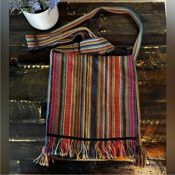 Festive Bohemian Striped Multicolor Shoulder Bag with Fringe Vintage
