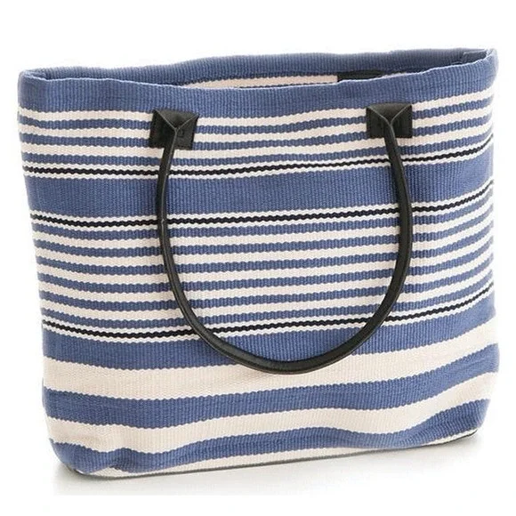DASH & ALBERT Rug Co Handwoven Bohemian Market Bag Leather Strap Rugby Denim