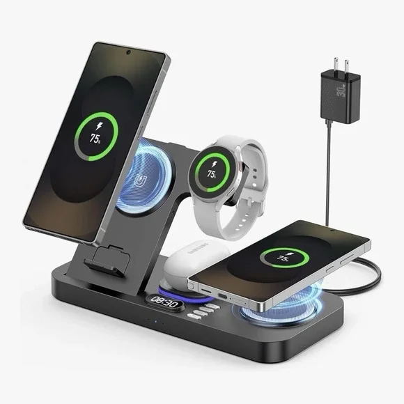 NEW Magnetic Wireless Charger for Samsung, 6 in 1 Charging Station With Clock