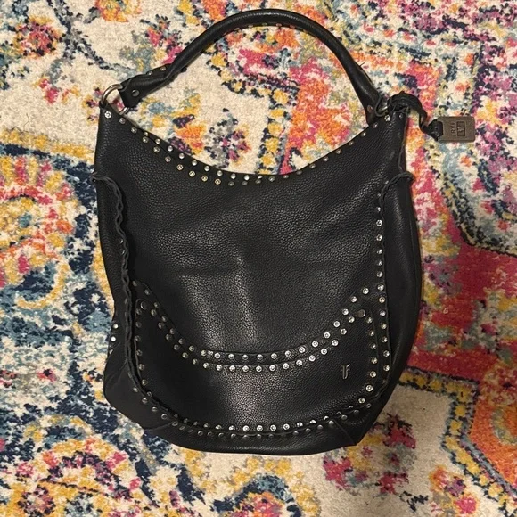 Frye Black Nikki Studded Pebbled Leather Hobo Shoulder Bag