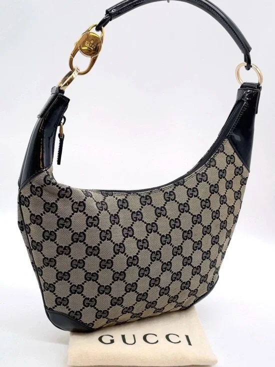 Gucci Beige GG Supreme Canvas Hobo with Black Trim and Gold Hardware