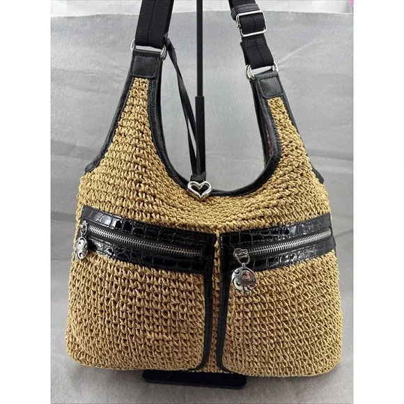 Brighton‎ Large Woven Straw Hobo Crossbody Zip Leather Trim Front Pockets EUC