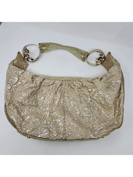 The Find Metallic Gold Embossed Hobo Bag Jeweled Ring Handles
