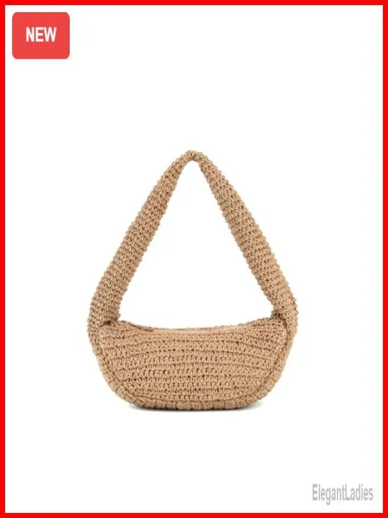 Crochet Straw Beach Bag Woven Hobo Shoulder Bag Half Moon Tote Purse with Zipper