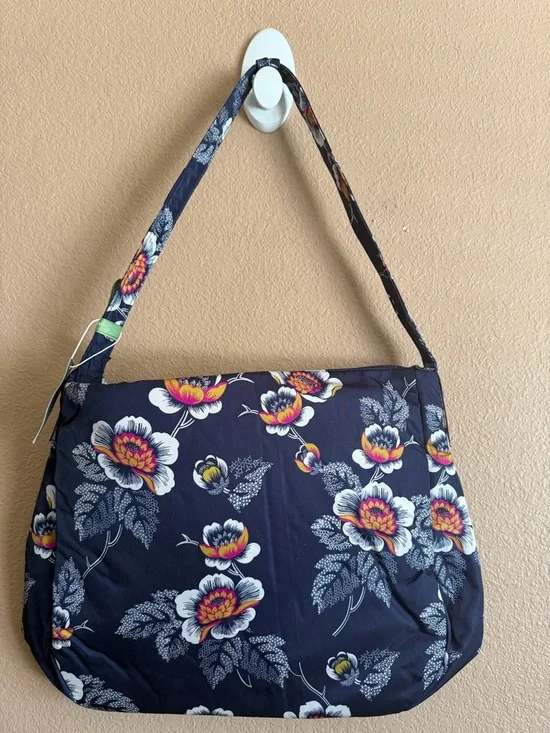 Vera Bradley Navy Floral Hobson Hobo with Pink-Yellow Accents NWT