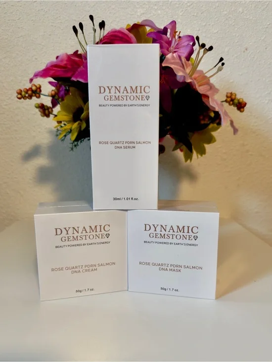 Dynamic Gemstone Rose Quartz PDRN Salmon DNA Skincare Set, Cream, Serum & Mask