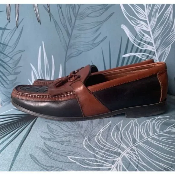 Johnston & Murphy Black Brown woven HALSEY TASSLE Leather Dress Shoes mens 12 WI