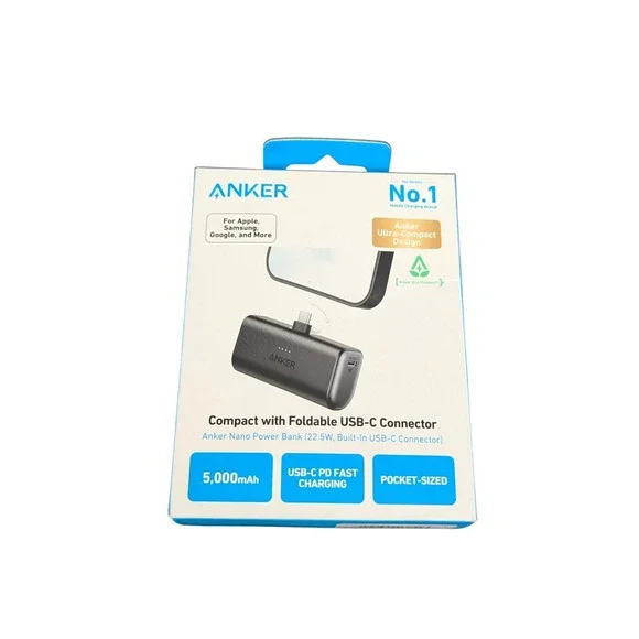 N8U Anker Nano 22.5W‎ USB-C 5000mah Power Bank Blk Used W/ Charge Cord A1653