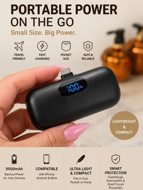 Portable 5000mAh Mini Power Bank with Built-In USB-C Connector & LED Display
