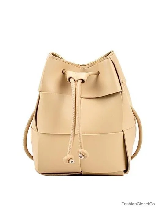 Mini Woven Bucket Bag, Faux Leather Drawstring Crossbody Handbag