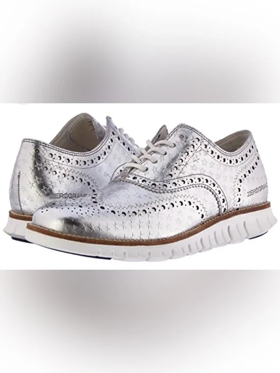 RARE Cole Haan Men's Zerogrand Wingtip Silver Metallic Star Shoes 12m No Laces
