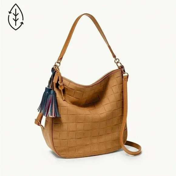 Fossil Jolie Leather Embossed Woven Tan Hobo/Crossbody Bag