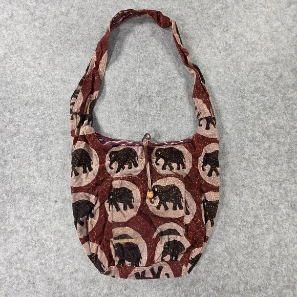 Boho Elephant Print Hobo Bag Slouchy Red Cloth Shoulder Purse Zip Yaam Sling