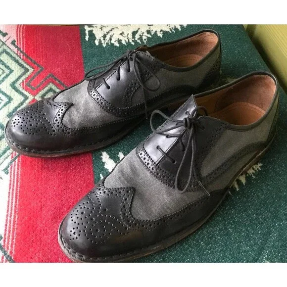 Sebago Black Gray Wing Tip Dress Shoes Canvas Leather 11.5 M