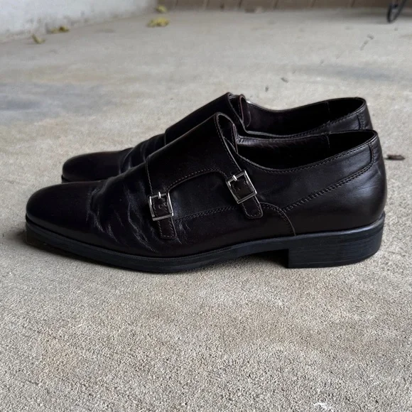 Bruno Magli mens 8.5 dark brown solid double monk strap leather dress shoes EUC