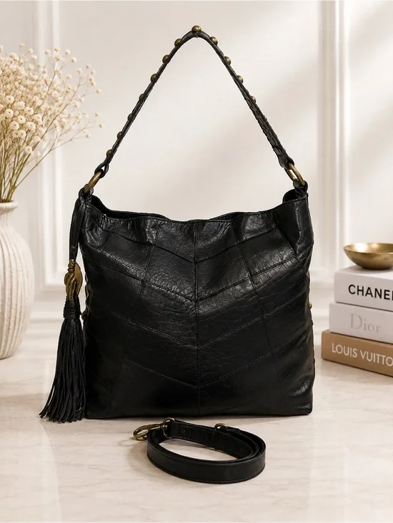 Angel By L. Martino Black Leather Shoulder Bag Crossbody Slouchy Hobo Purse