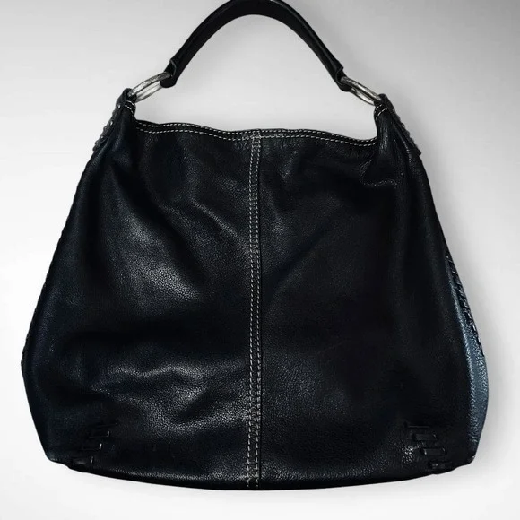 LUCKY BRAND Black Leather Slouchy Hobo Shoulder Bag Whipstitch Detailing | EUC