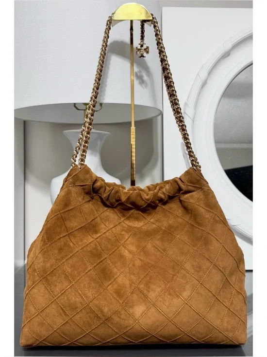 TORY BURCH FLEMING SOFT SUEDE HOBO BAG, CHICORY BROWN