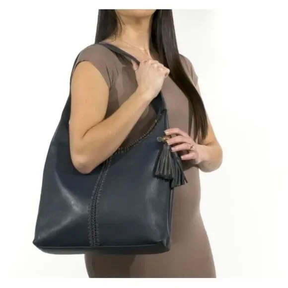 The Sak Women's Blue Huntley Crochet Trim Leather Tassel Hobo Bag