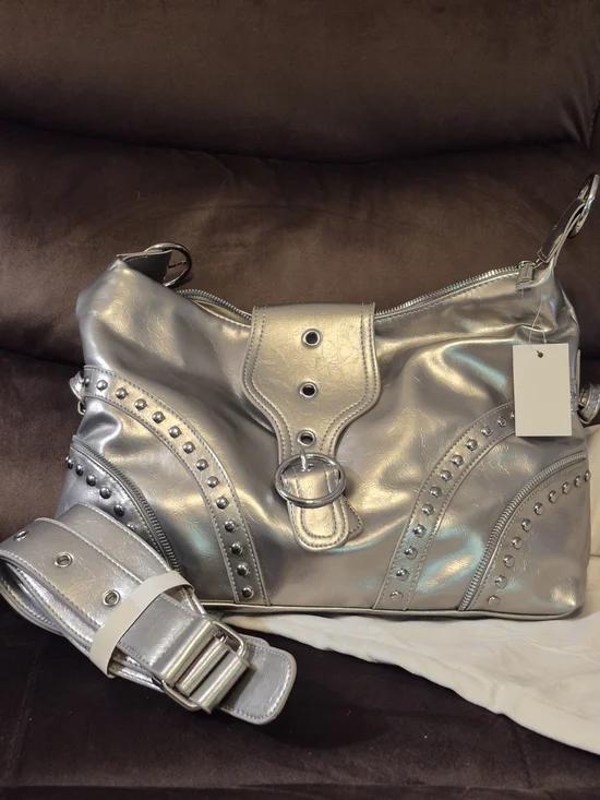Metallic Silver Studded Hobo Bag with Detachable Strap