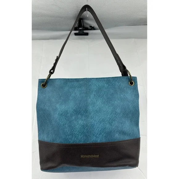 Montana West Hobo Handbag‎ Turquoise & Brown Shoulder Purse Zipper EUC Women's