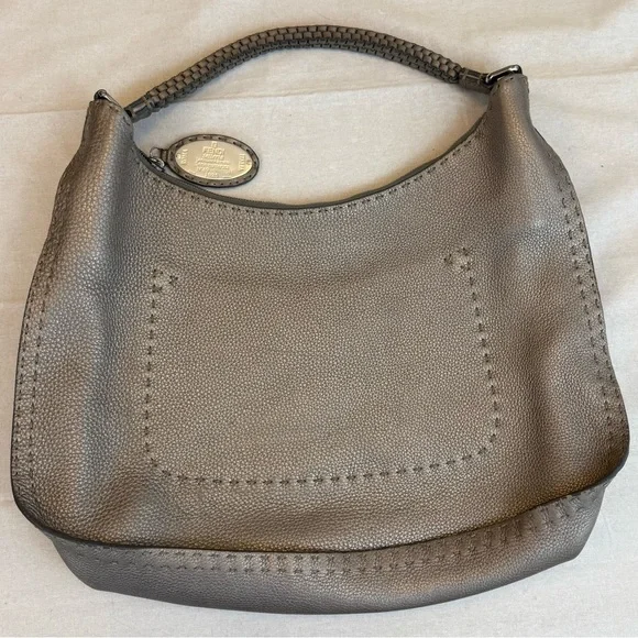 Fendi‎ Pewter Selleria Textured Leather Hobo Women's Bag Metallic Silver