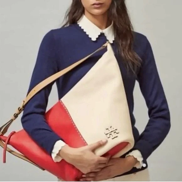 Tory Burch McGraw Colorblock Zip Bucket Bag Brilliant Red New Cream Leather Hobo