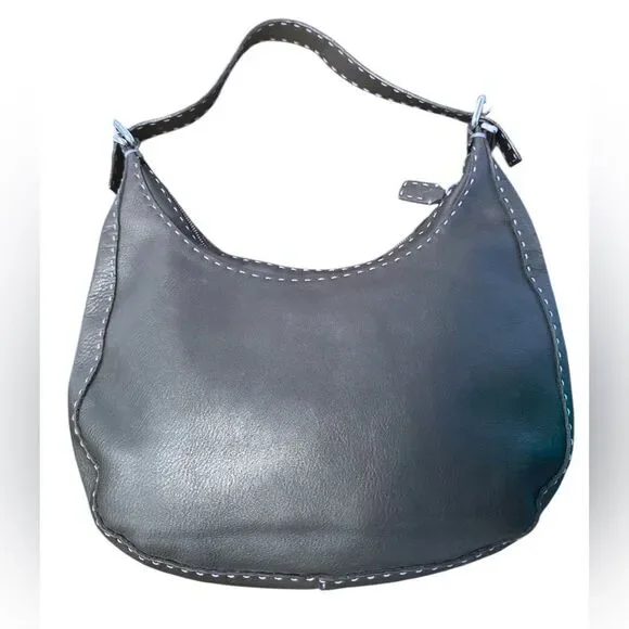 FENDI Midnight Navy Blue Selleria Leather Contrast White Top Stitching Hobo Bag