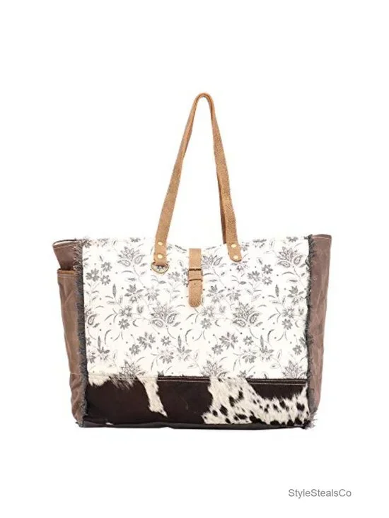 Canvas Floral Hobo Bag with Leather Strap - Tote Shoulder Purse