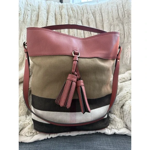 Burberry Grainy Calfskin Canvas Mega Check Medium Ashby Tassel Hobo Pink