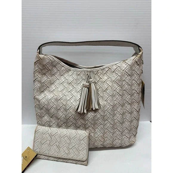 Patricia‎ Nash Large White Braided Stitch Marcellina Leather Hobo Bag & WALLET!
