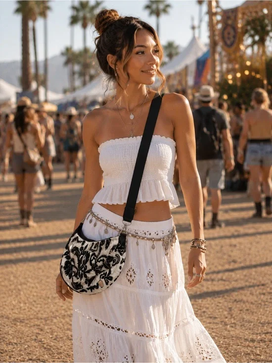 Boho Sequin Floral Paisley Hobo Crossbody Bag Ivory Black Made in India