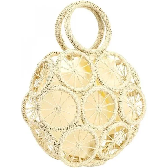 Women Straw Shoulder Bag Large Capacity Beach Tote Lemon Pattern Cotton Polyeste