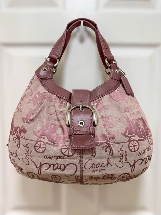 Coach Soho Lyn Hobo Bag Pink Horse‎ & Carriage Jacquard Leather Y2K