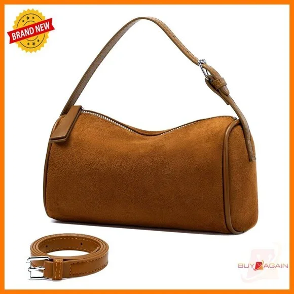 Small Barrel Hobo Purse Crossbody Bag Adjustable Strap Faux Suede