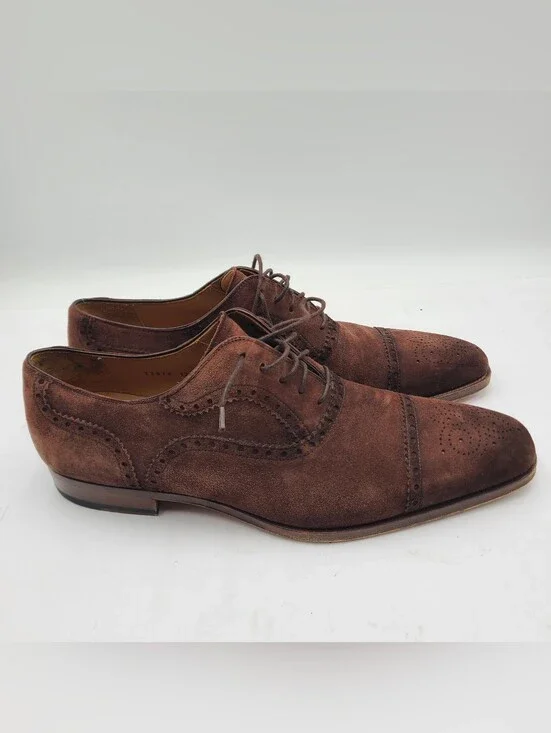 B40 Magnanni Brown Suede Leather Medallion Cap Toe Derby Shoes Sz 12 $795