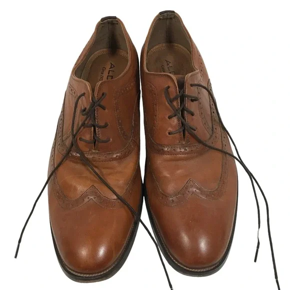 Aldo‎ Mens US 12 Brown Leather Wingtip Oxford Lace-Up Dress Shoes