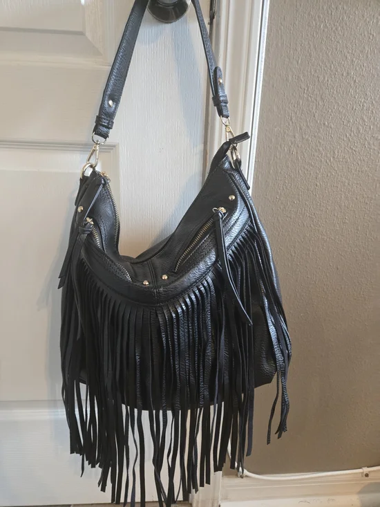 Antik Kraft Black Fringe Hobo Shoulder Bag Boho Western Vegan Leather Large