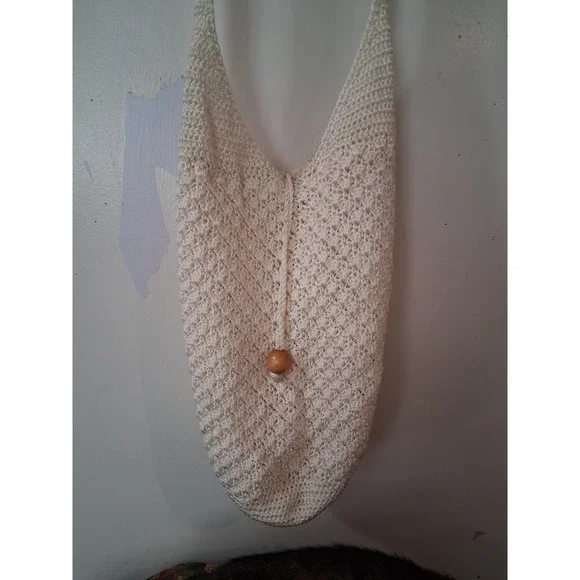 Cream Crochet Hobo Bag Wood Bead Drawstring Lined Rayon Shoulder Sling Cream