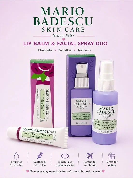 Mario Badescu Facial Spray Lavender + Acai Vanilla Lip Balm Gift Set NIB