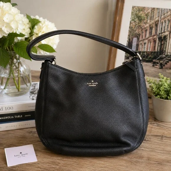 Kate Spade New York Black Pebbled Leather Hobo Shoulder Bag Purse