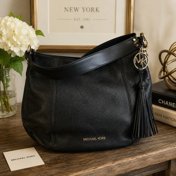 Michael Kors Black Pebbled Leather Hobo Shoulder Bag Tassel Charm Large Purse